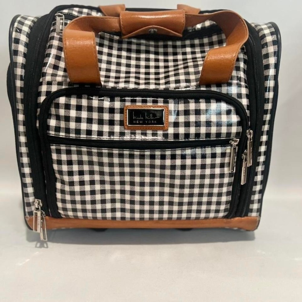 Nicole Miller rolling carry-on bag glossy black white gingham print cognac trim
